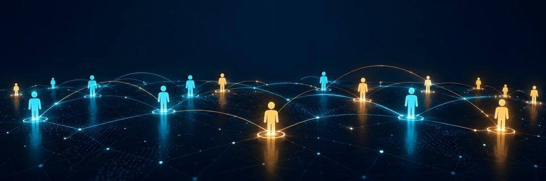 Wide panoramic background of glowing human figures connected by illuminated network lines illustrating global communication and social networking