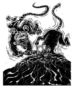 Hand Drawn Ink Illustration Rat Figth