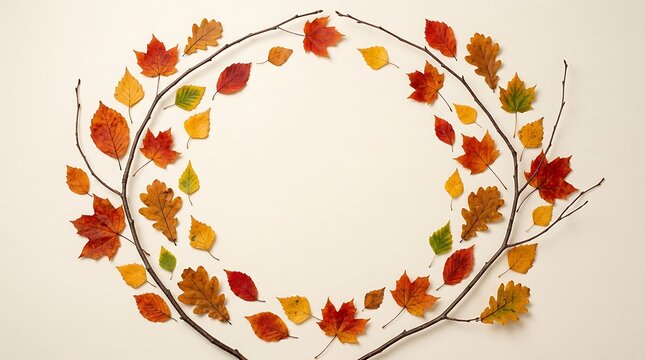 A circular frame made of colorful autumn leaves on a plain white background with space for text