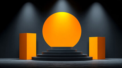 Obraz premium Orange circular stage platform with steps illuminated by dramatic spotlights in a dark room