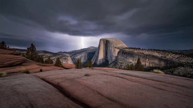 Lightning strikes over the half dome distance during a storm