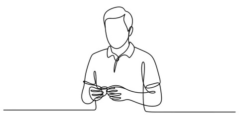 Fototapeta premium Single line drawing of a man looking at a cup for coffee break or relaxing lifestyle concept in minimalist black strokes.