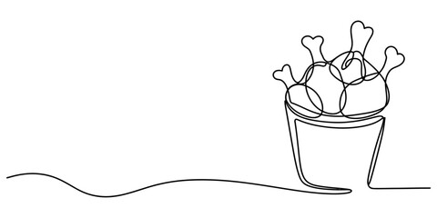 Fototapeta premium Continuous line art illustration of a fried chicken bucket for fast food menu or takeaway restaurant marketing visuals.