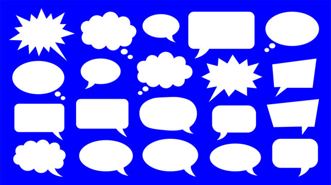 White Speech Bubbles Set Vector Isolated on Blue Background, Comic Book Thought Balloons, Blank Message Text Box Collection, Dialogue Cloud Shapes, Communication Graphic Vector