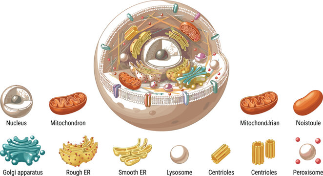 Detailed animal cell anatomy vector diagram showing cross section structure with labeled organelle icons including nucleus and mitochondria