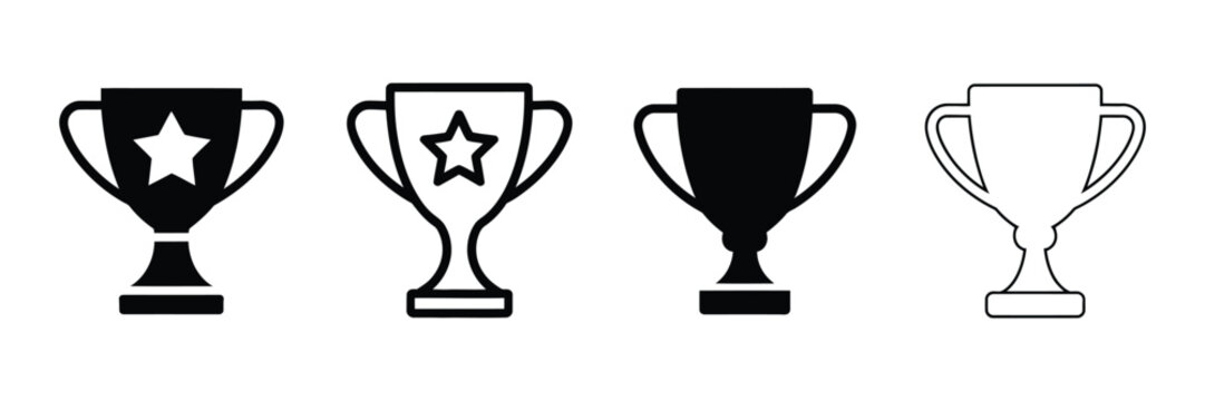 Trophy cup icon set in flat and outline vector styles representing achievement, championship, victory, competition, and success
