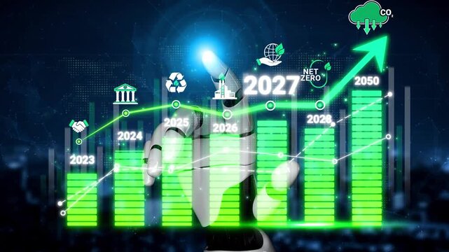 Futuristic Robot Analyzing Climate Data with Charts and Global Indicators for Carbon Reduction Goals and Sustainability Timelines until 2050 Sigmoid