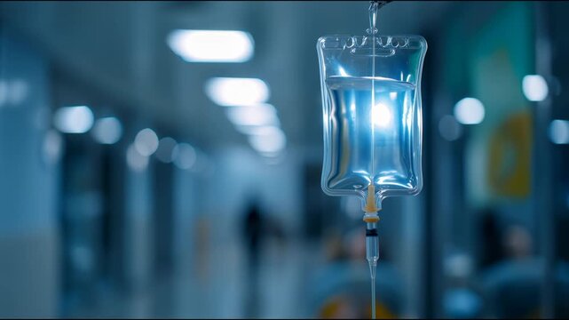 Close-up of an iv drip bag with saline solution hanging in a sterile, blue-toned hospital hallway