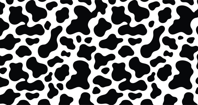 Seamless cow print pattern background featuring black and white spotted animal hide texture abstract vector design