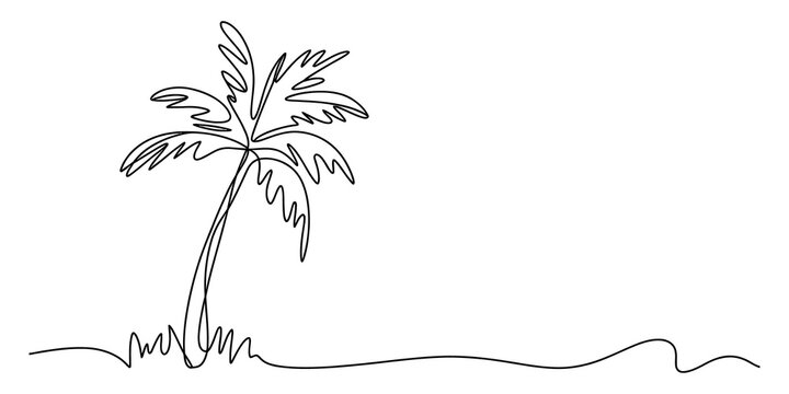 Continuous single line drawing of a tropical palm tree on a beach