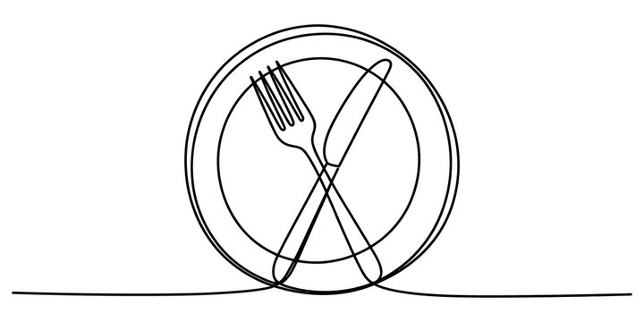 Continuous line drawing of a plate with a fork and a knife