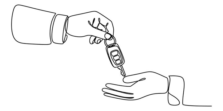 Continuous line drawing of a hand giving a car key to another person
