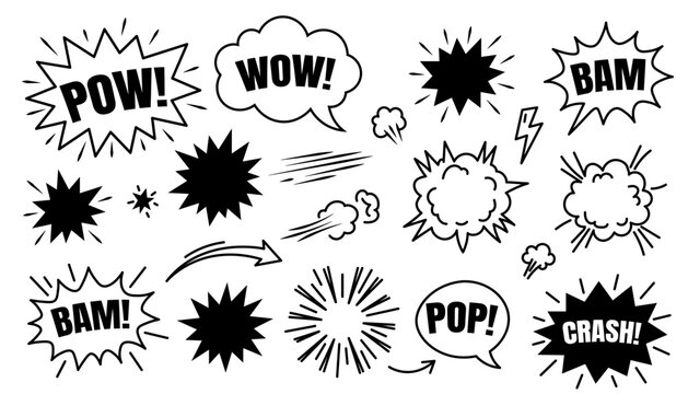 Comic Book Speech Bubbles and Sound Effects Vector Set, Vintage Pop Art Sound Cloud Explosions, Pow Wow Bam Crash Sound Word Burst Elements Isolated on White Background Vector