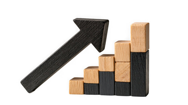 Step chart made of wooden and black blocks combined with a large pointing upward arrow for growth success.