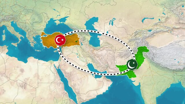 Animated flight path route connecting Turkey and Pakistan on a world map