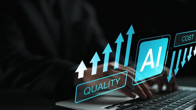 Business professional using laptop to explore artificial intelligence concepts with quality, cost, and growth indicators in a modern digital workspace setting Gluon.