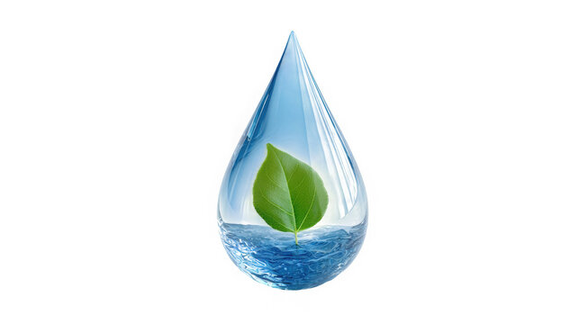 Water droplet enclosing a green leaf and liquid base isolated on a clean transparent background.