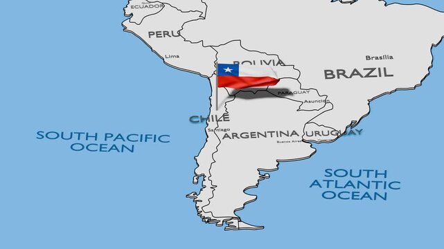 Chile Flag Waving with The World Map &ndash; National Flag and Global Geography