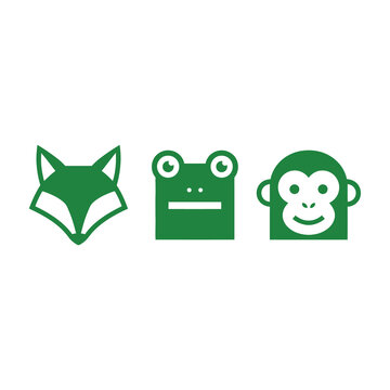 Green animal icons set with fox frog and monkey faces on white background isolation