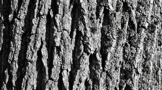 Close-up reveals the rough, cracked bark of an ancient tree trunk in high contrast black and white.