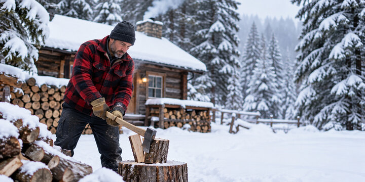 Lumberjack wearing a red plaid flannel shirt and warm beanie splits firewood with an axe outside a rustic wooden cabin covered in fresh snow during winter.