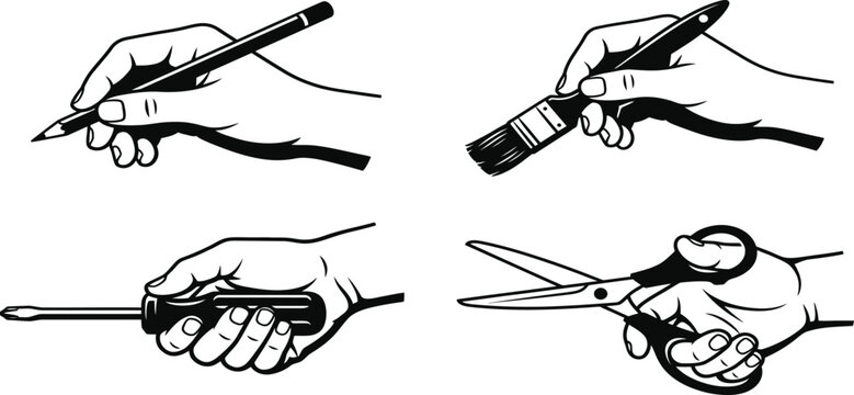Illustration showing various human hand grips on different tools and writing instruments