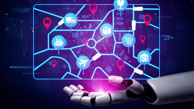 Futuristic robotic hand holding digital map interface with transportation icons highlighting delivery and logistics possibilities in urban environments. Entropy.