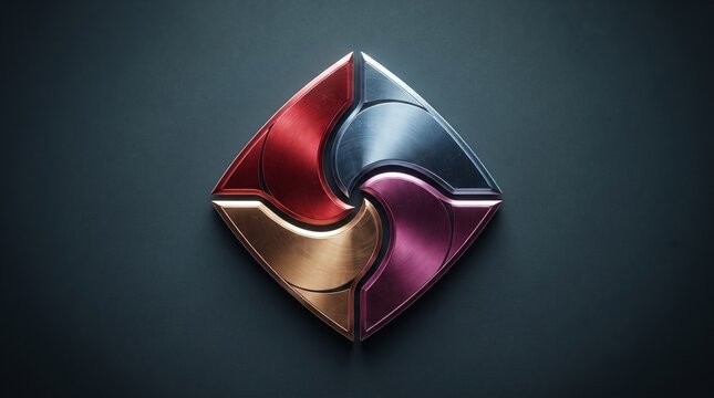 Abstract Emblem of Interlocking Elements: A stylized, abstract emblem composed of four interlocking metallic segments in shades of red, silver, gold, and purple, forming a dynamic.