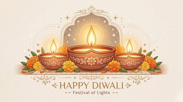 Happy Diwali Banner with Three Ornate Clay Diyas and Marigold Flowers