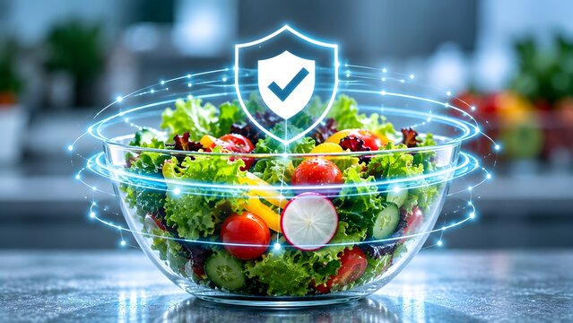 Fresh vegetable salad protected by glowing digital shield for food safetyFresh vegetable salad protected by glowing digital shield for food safety