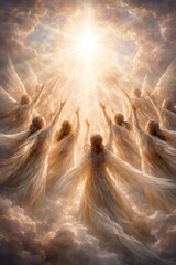 Fototapeta premium Angelic figures with wings reaching towards a bright light in the clouds.