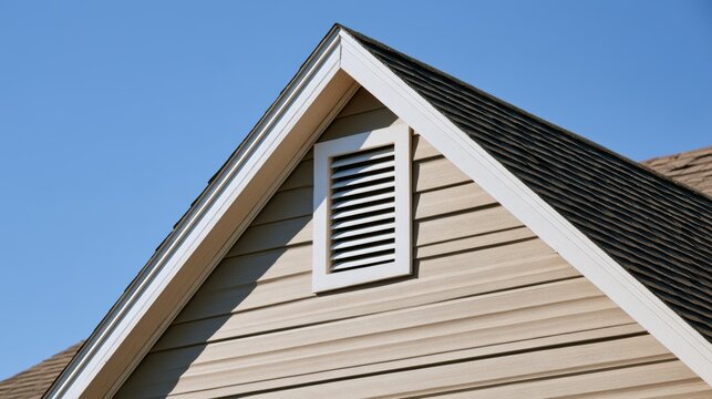 Detached Garage Close-up of a house roof's gable with wooden shingles and a vent window against a clear blue sky.