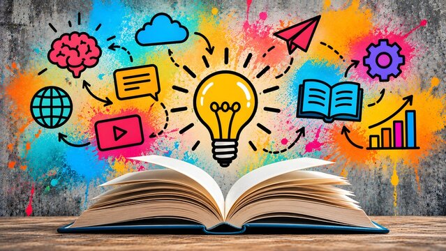 Open book with glowing lightbulb and colorful hand drawn business icons representing creative brainstorming education and innovative ideas