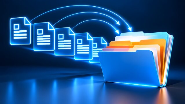 Glowing digital documents moving into a file folder with arrow trajectories illustrating data migration cloud download and electronic archiving