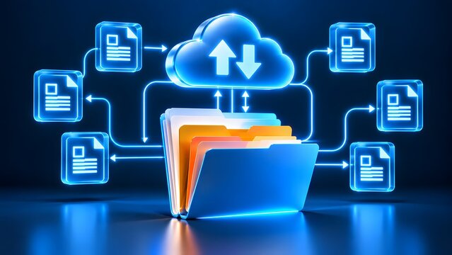 Cloud computing network diagram with two way synchronization arrows connecting digital documents and folders for secure data backup and file sharing