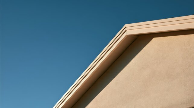 Detached Garage House roof corner against clear blue sky with beige textured wall and white trim details.