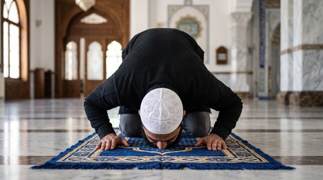 Muslim man in prostration on a prayer mat inside a mosque