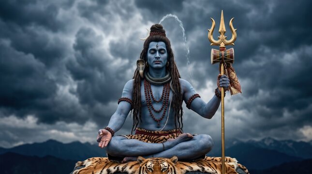 Hindu deity shiva meditating in the himalayas with trident