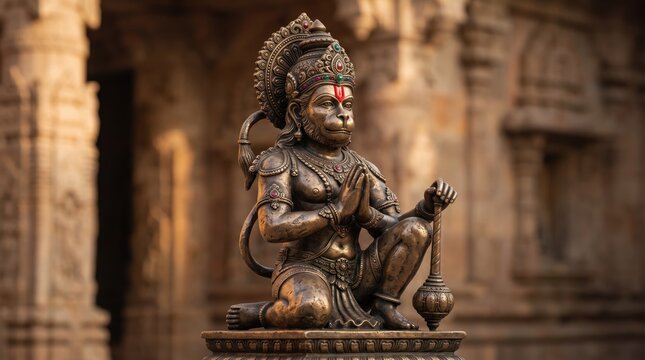 Hindu deity statue with mace praying at an ancient stone temple