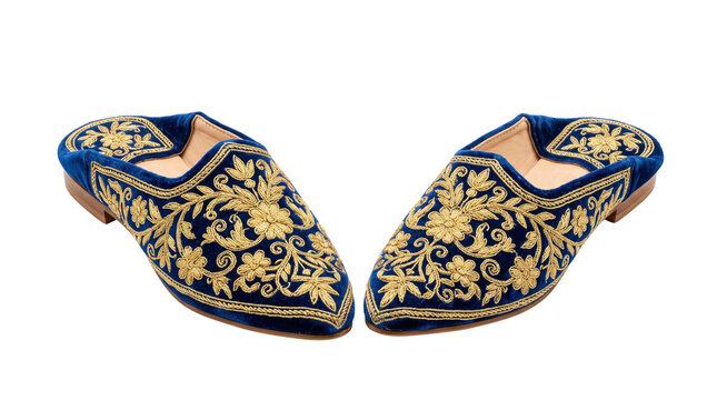 Traditional embroidered blue velvet slippers, oriental handmade mules with gold zardozi embroidery, elegant footwear pair for luxury fashion isolated PNG with Transparent Background
