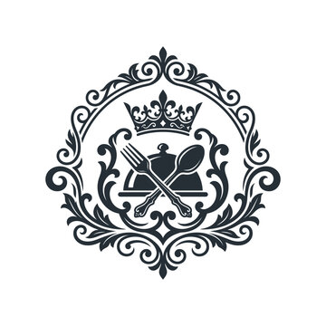 Elegant restaurant crest logo with crown and kitchenware.