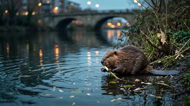 A wild beaver sitting on the river bank eating a small branch at dusk.