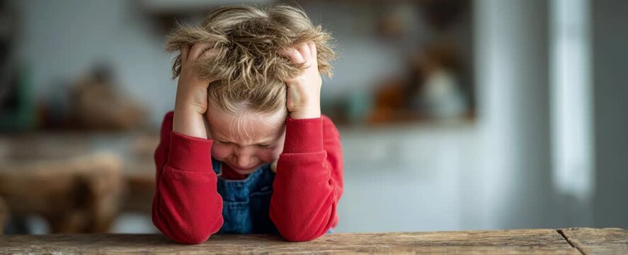 Desperate little boy covering his face with his hands and crying while sitting at a wooden table
