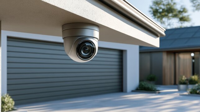 Detached Garage A modern security camera mounted on a residential garage exterior for home surveillance and safety.