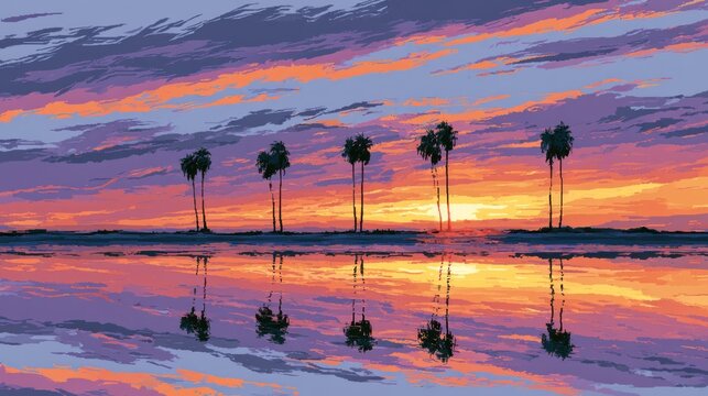 Pixel art sunset with tropical palm tree silhouettes.