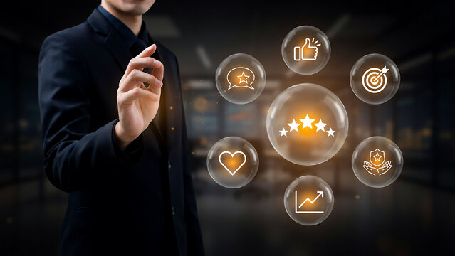 Person gesturing over digital interface with feedback icons and rating stars