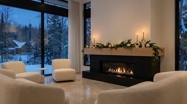 Cozy modern living room interior with a warm fireplace and festive christmas decorations during a snowy winter evening