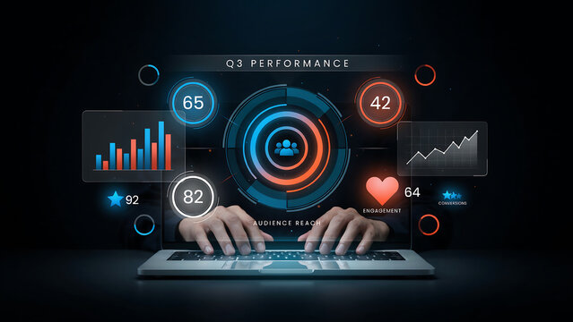 Modern digital dashboard showing q3 performance analytics on laptop screen with futuristic design