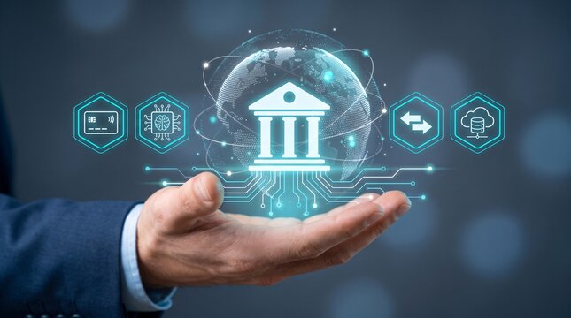 Cashless transaction, AI fintech innovation and smart mobile banking. Professional hand presenting glowing banking temple with digital earth globe and credit card interface for modern ecommerce.