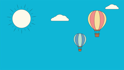 Bright summer background with colorful hot air balloons floating in a clear blue sky with sun and white clouds ideal for travel adventure holiday tourism and playful outdoor themes © Graphics Tree